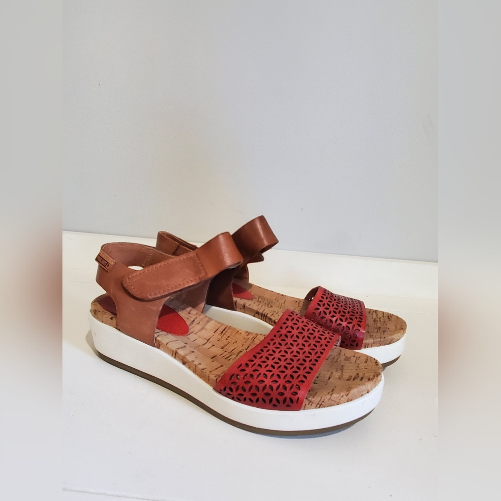 Pikolinos Mykonos Wedge Punched Leather Coral Leather Sandals Size 39